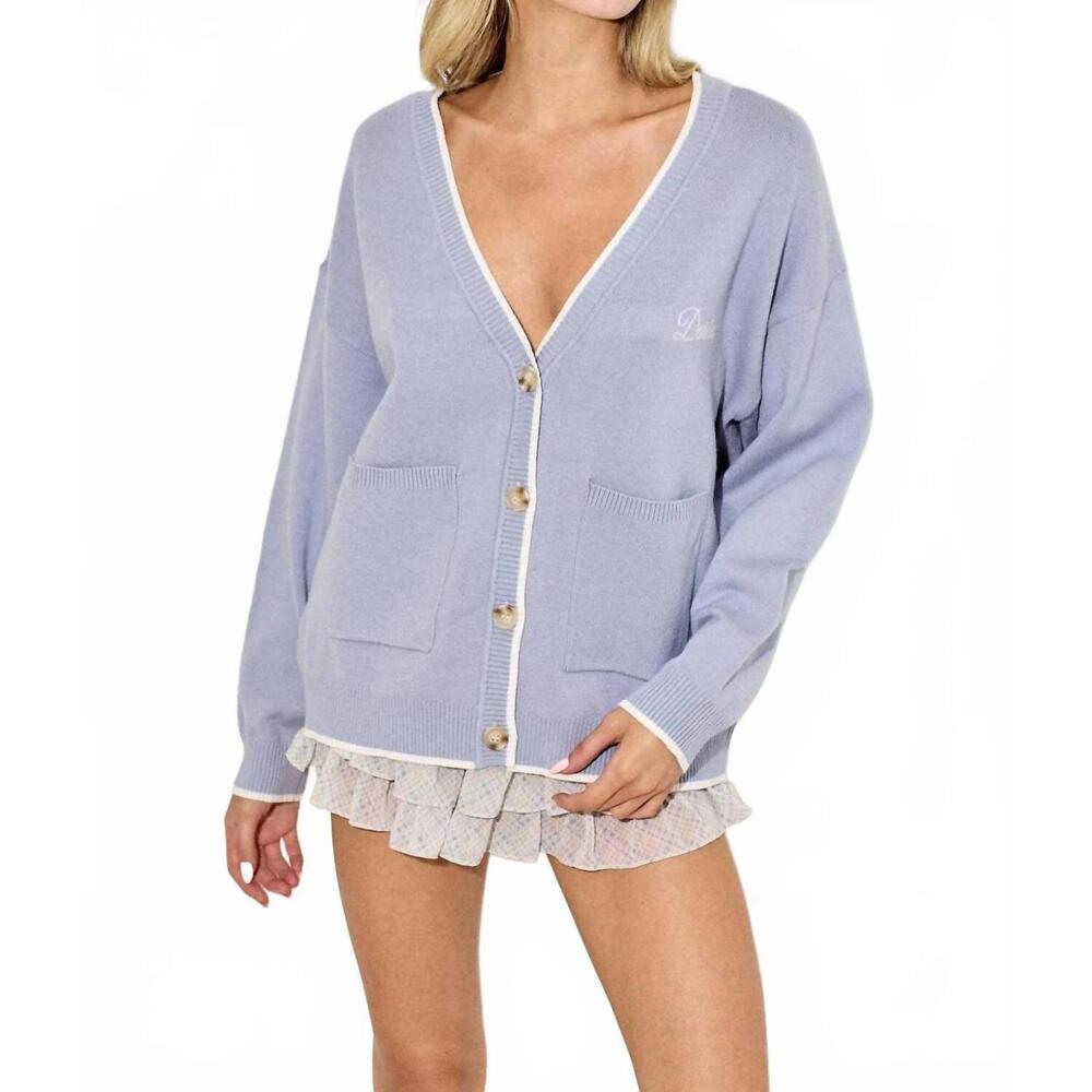 NEW BAEVELY BY WELLMADE darlin puppy graphic sweater cardigan in dusty blue